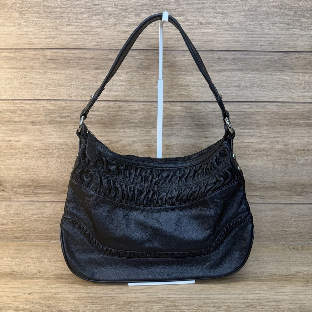Vintage Wilson's Leather Shoulder Hobo Bag Y2K Ruched Silver Rings Slouchy Black